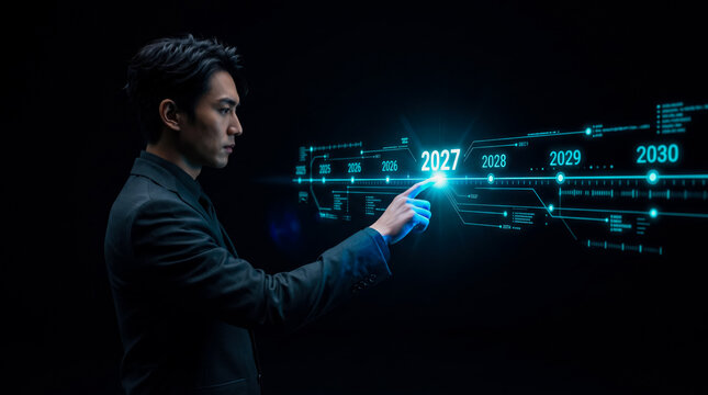 Professional analyzing futuristic holographic timeline interface for strategic business planning in 2027