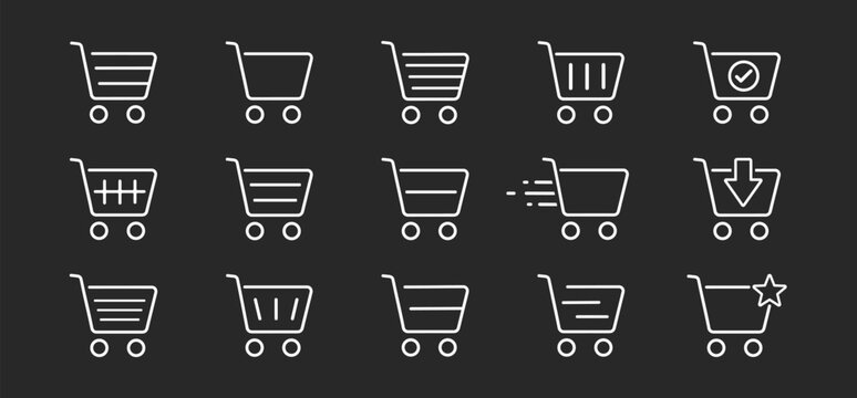 Shopping cart icon set in outline style with editable stroke for ecommerce checkout and retail