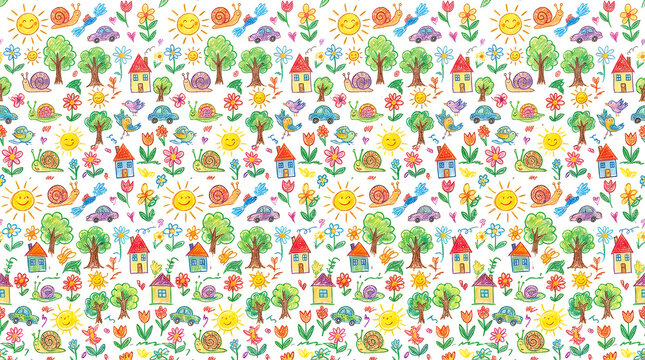 Seamless pattern with cute hand drawn houses trees flowers suns and snails