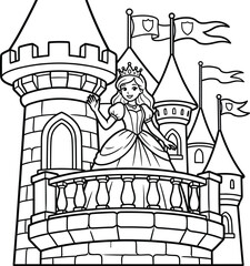 Fototapeta premium Princess waving from castle balcony black and white line art illustration