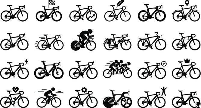 Flat bicycle racing and road cycling silhouette icons set featuring racing bikes competitors and championship sports symbols