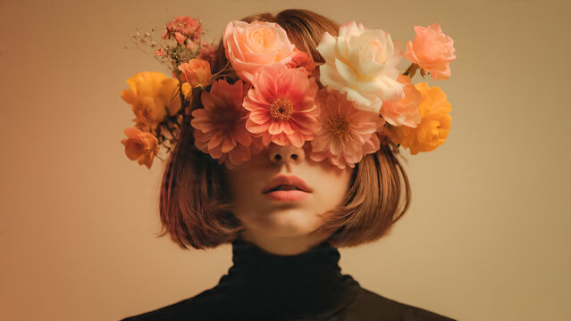 Portrait de jeune femme avec des fleurs roses devant les yeux et dans les cheveux	