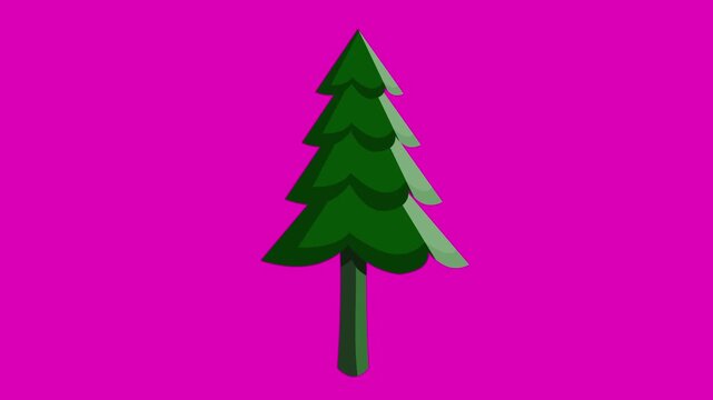 Cartoon style animation of a pine tree against a red background, art, drawing, 2D.
