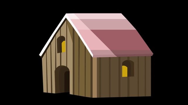 Cartoon style animation of a barn on a black background, art, drawing, 2D, house.