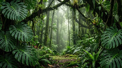 A dense, misty jungle path with large tropical leaves and hanging vines rainforest stock © Doley Design