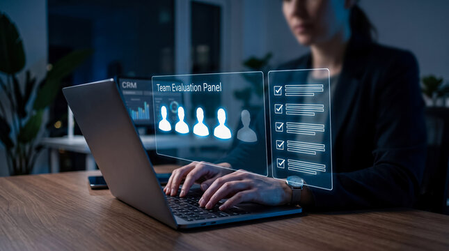 Professional using holographic team evaluation dashboard on laptop in modern office workspace