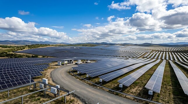 large solar panel farm in a natural landscape with blue sky