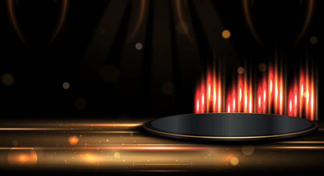 Black podium stage with golden light lines and fiery flame effects on dark background art.