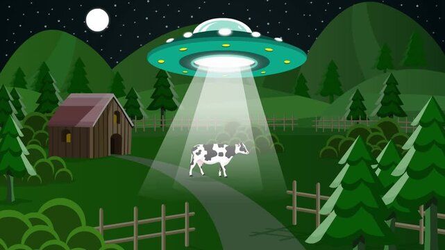 Cartoon style animation of a flying saucer abducting a cow on a farm, art, drawing.