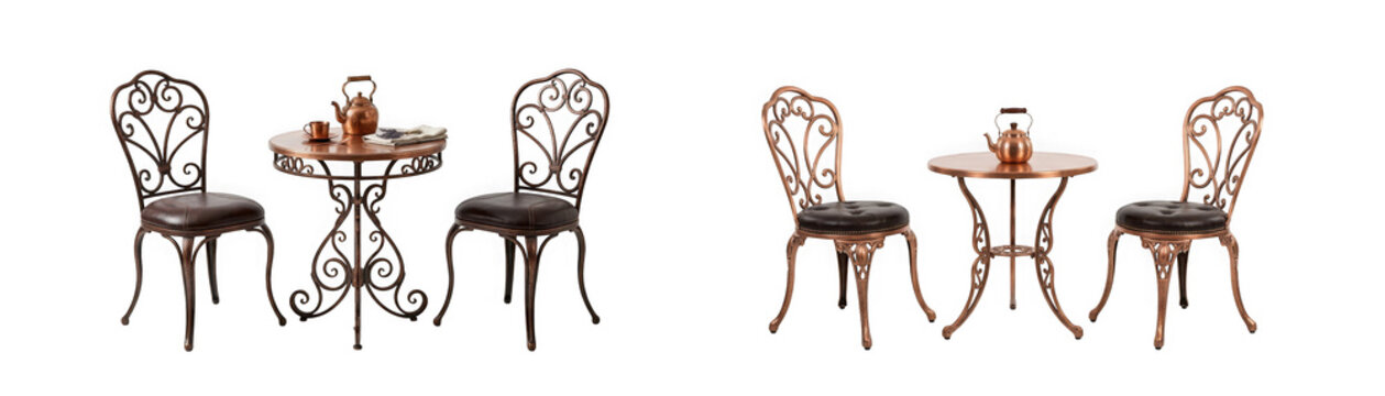 Two sets of vintage copper bistro tables and chairs isolated on transparent background