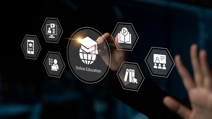 Fototapeta premium Engaging digital interface illustrating the online education concept with technology icons, representing modern learning solutions and innovative skill development strategies. Cyphers