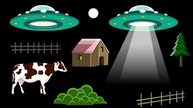 Cartoon style animation of a flying saucer, a house, a pine tree, a cow, a fence, and the moon against a black background, art, drawing, 2D.