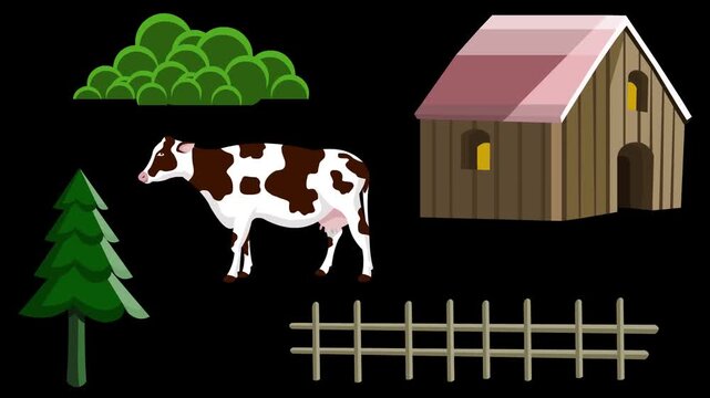 Cartoon style animation of a house, a pine tree, a cow and a fence against a black background, art, drawing, 2D.