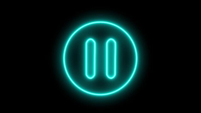 Glowing neon media player pause icon animation video and audio play stop control circle pause button sign symbol on black background. 4k video