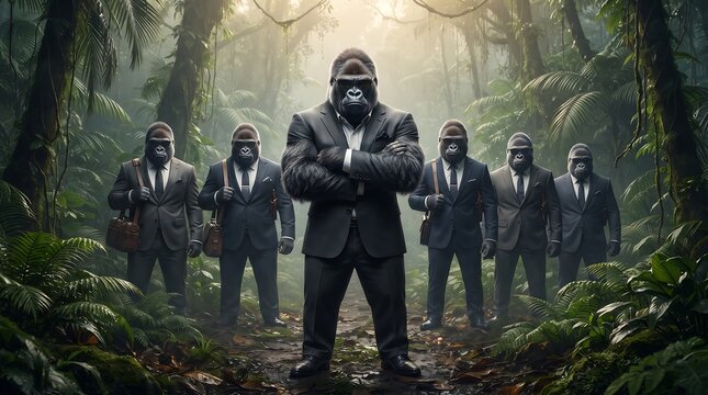 Group of gorillas in suits standing in a jungle forest