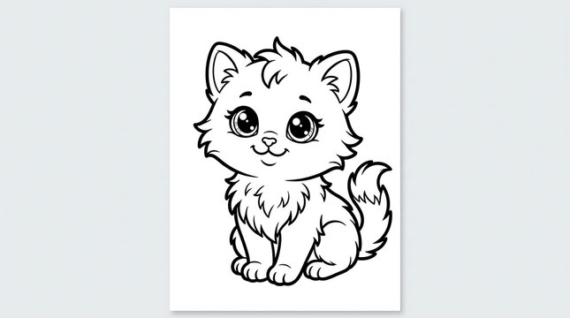 Cute Fluffy Kitten Sitting Line Art Coloring Page Vector Illustration Isolated on White Background
