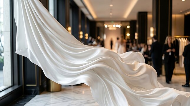 Elegant white fabric draped in luxurious interior with people mingling