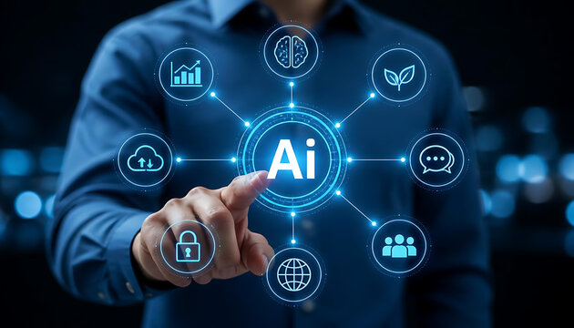 This conceptual graphic represents artificial intelligence (AI) as a centralized, intelligent hub that connects and powers various digital capabilities, much like a neural network