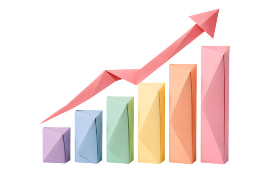 Origami Rising Bar Chart with Ascending Paper Arrow Isolated on Transparent PNG
