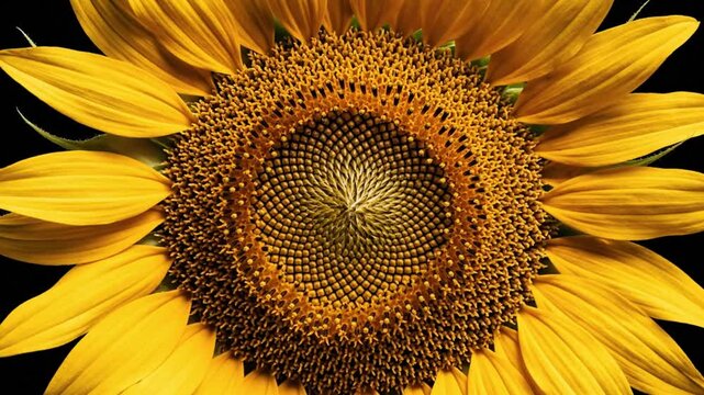 Close-up of a vibrant sunflower with a spiral pattern in the center, showcasing nature's beauty