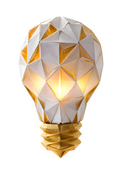 Origami Lightbulb Sculpted from White and Gold Paper Triangles Isolated on Transparent PNG