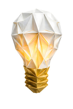 Origami Lightbulb Sculpted from White and Gold Paper Triangles Isolated on Transparent PNG