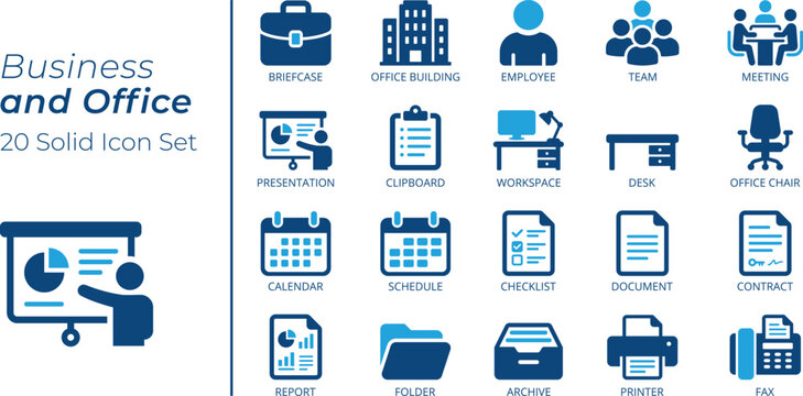 Business and Office Icon Set, Includes Symbols Briefcase, Meeting, Employee, Team, Presentation, Document, Report, Workspace and Corporate Solid Vector Icons for Web and App