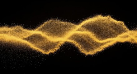 Fototapeta premium Horizontal abstract wave of golden sand particles and sparkling glitter grains flowing across a black background with high contrast and detailed particle simulation.