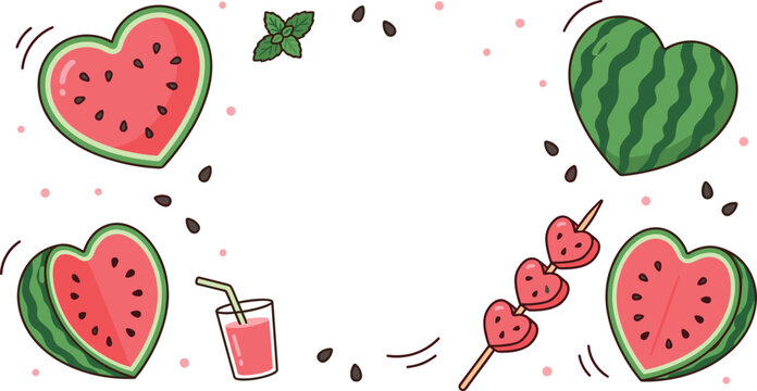 Hand Drawn Watermelon Heart Collection with Fresh Watermelon Slices Juice Fruit Skewers and Summer Vector Illustration Set