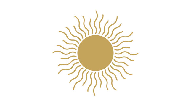 Minimalist golden sun icon with wavy rays. Elegant flat vector illustration for summer themes, bohemian branding, logo design, organic graphics, and warm spiritual concepts.
