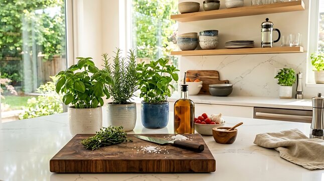modern kitchen with herbs on countertop and garden view