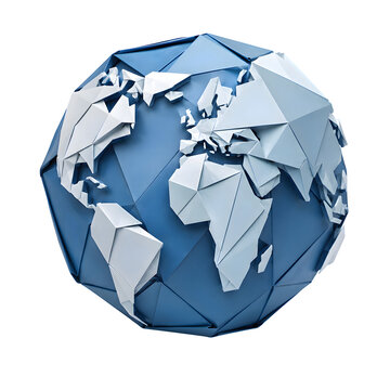 Folded Origami Globe with Interconnected Paper Continents Isolated on Transparent PNG