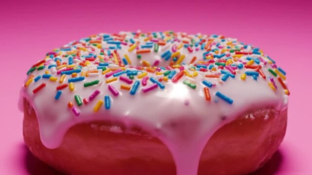 Delicious glazed donut with colorful sprinkles and dripping white icing against a vibrant pink background for a sweet treat concept