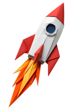 Origami Rocket Ship with Paper Flame Trail Isolated on Transparent PNG