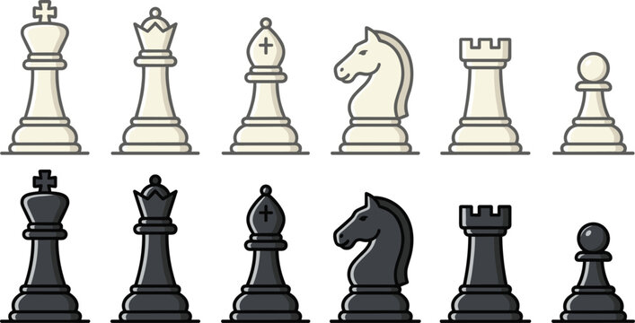 Hand Drawn Chess Pieces Collection with White and Black King Queen Bishop Knight Rook and Pawn Strategy Vector Illustration Set
