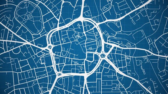 Ink reveal animation of Wolverhampton city, West Midlands, United Kingdom, grid map. Aerial top view. Blueprint style. White lines with blue background. 4K Seamless loop.