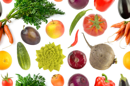 Colorful seamless vegetable and fruit pattern in bright tones on white background with generous copy space