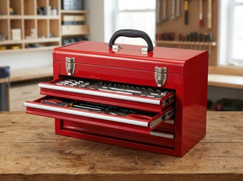 Red metal toolbox with open drawers filled with various hand tools sitting on a wooden workbench inside a professional workshop