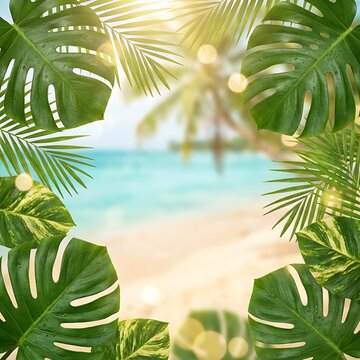 Tropical beach scene framed by lush green monstera and palm leaves with ocean view sand