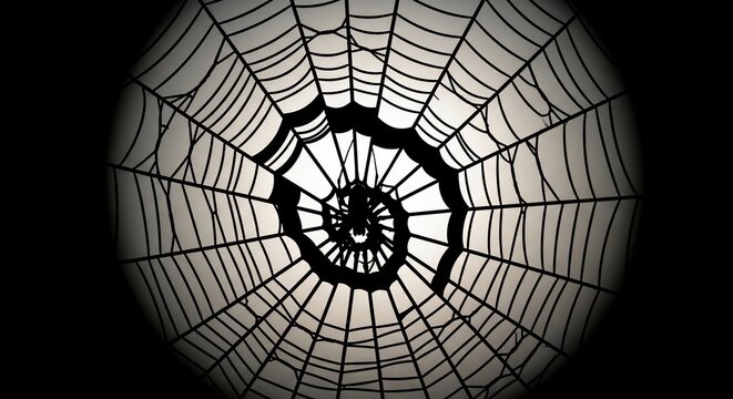 Intricate spider web pattern. Macro view of a circular arachnid net against dark background.
