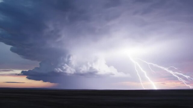 Epic time-lapse video of a dramatic thunderstorm with multiple lightning strikes over a flat, dark landscape during sunset