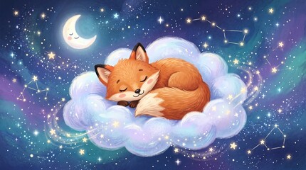 Fototapeta premium Cute red fox sleeping peacefully on a fluffy cloud in a starry night sky with sleeping