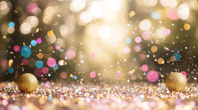 Colorful confetti gold glitter ball festive background celebration party bokeh sparkle joyful vibrant decorative happiness falling confetti holiday event cheerful shiny bright fun new year