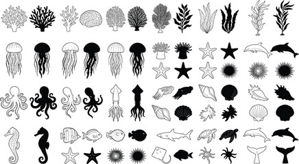 Marine Life Line Art and Silhouette Collection Featuring Ocean Animals Coral and Sea Plants © AtikNova Design