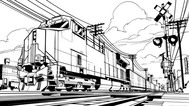 Powerful freight train speeding along railroad tracks through an urban industrial landscape
