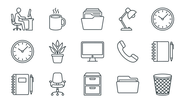 Office Workspace Icons: Desk, Computer, Clock, Lamp, Files, Plant, Phone, Trash Can