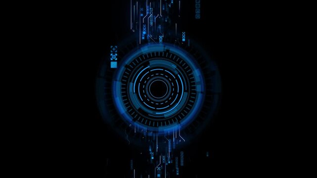 Futuristic Circular Blue HUD Interface Circuit Connections Blue Tech glowing core circuit lines data processing cybersecurity artificial intelligence Tech intro AI presentations, digital security 3D