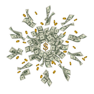 Money dollar circular composition like ball, sphere. Burst, explosion with pile of flying apart 100 USD, golden coins. Golden dollar sign in the center. Design element on transparent background