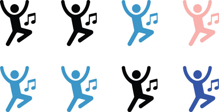 Dancing stick figure person jumping with joy and music notes icon set for party celebration festival and entertainment vectorDancing stick figure person jumping with joy and music notes icon set for p