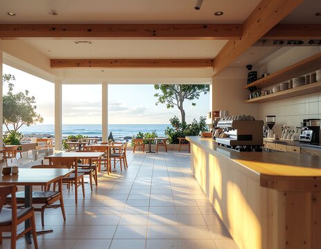 Modern open plan restaurant with wooden floors and natural lighting.